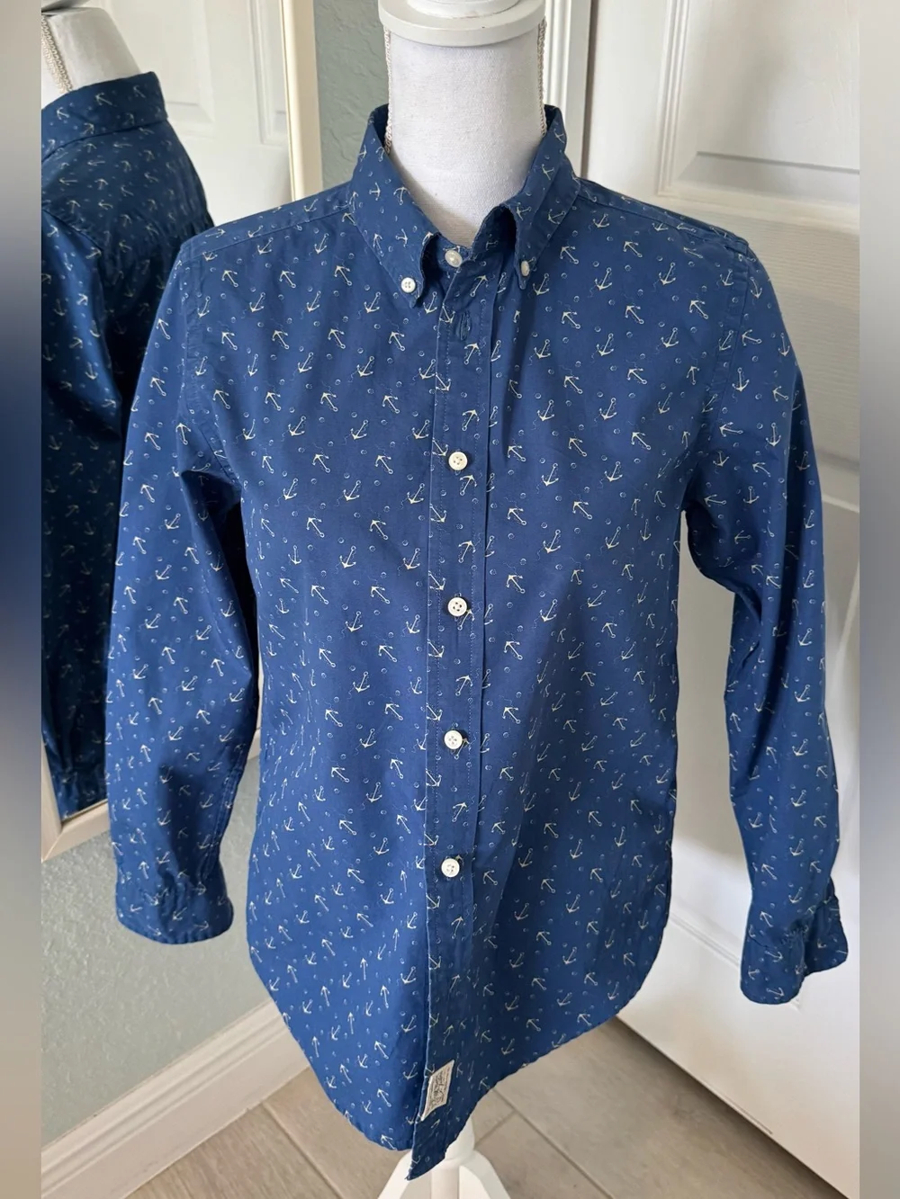 Ralph Lauren Blue Anchor Print Button Down Shirt Boys L 14-16 Women XS S